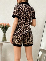 Women Leopard Print Pajama Set Lapel Button Down Short Sleeve Top & Shorts 2‑Piece Ladies Summer Sleepwear Home Loungewear