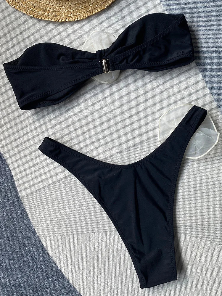3D Flowers Brazilian Strapless Bandeau Bikini Female Swimsuit Women Swimwear Two-pieces Bikini Set High Cut Bathing Suit Swim