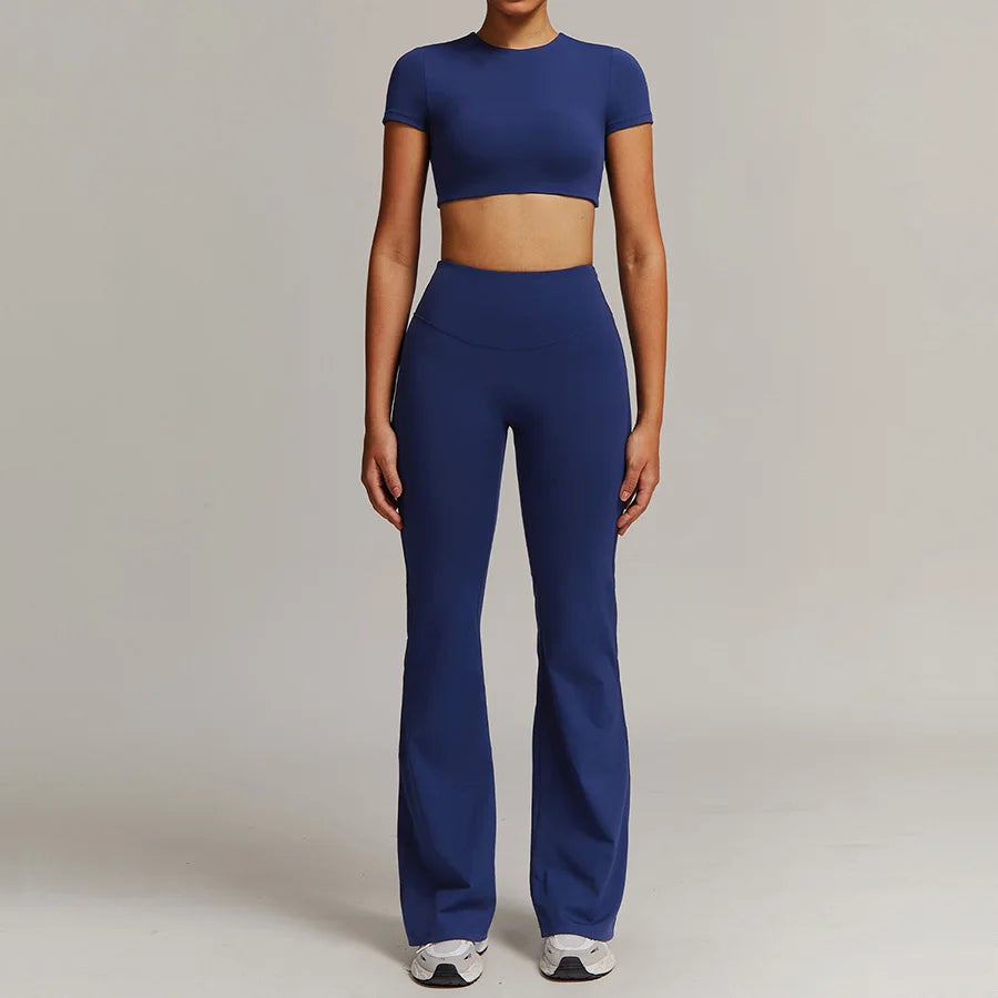 Women 2PCS Yoga Suit Sports Gym Set Tracksuit Workout Long Sleeve Shirt Fitness Flared leggings Short sleeve shorts running suit
