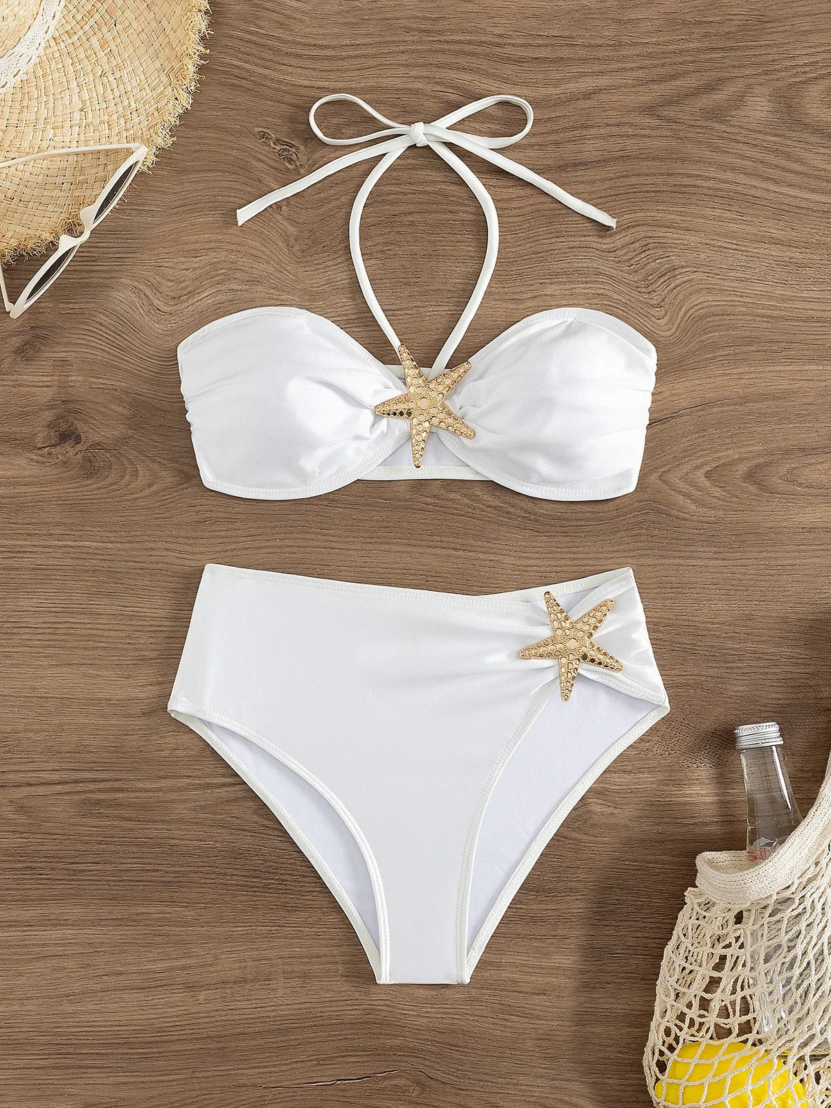 Sexy White Starfish Bikinis Sets 2025 Women Pleate Push Up High Waist Swimsuit Summer Bathing Suit Holiday Two Piece Swimwear
