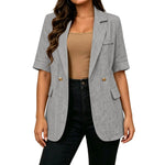 Women Textured Blazer Jacket Lapel Collar Double Breasted Half Sleeve Pocket Loose Suit Coat Elegant Office Summer Outerwear