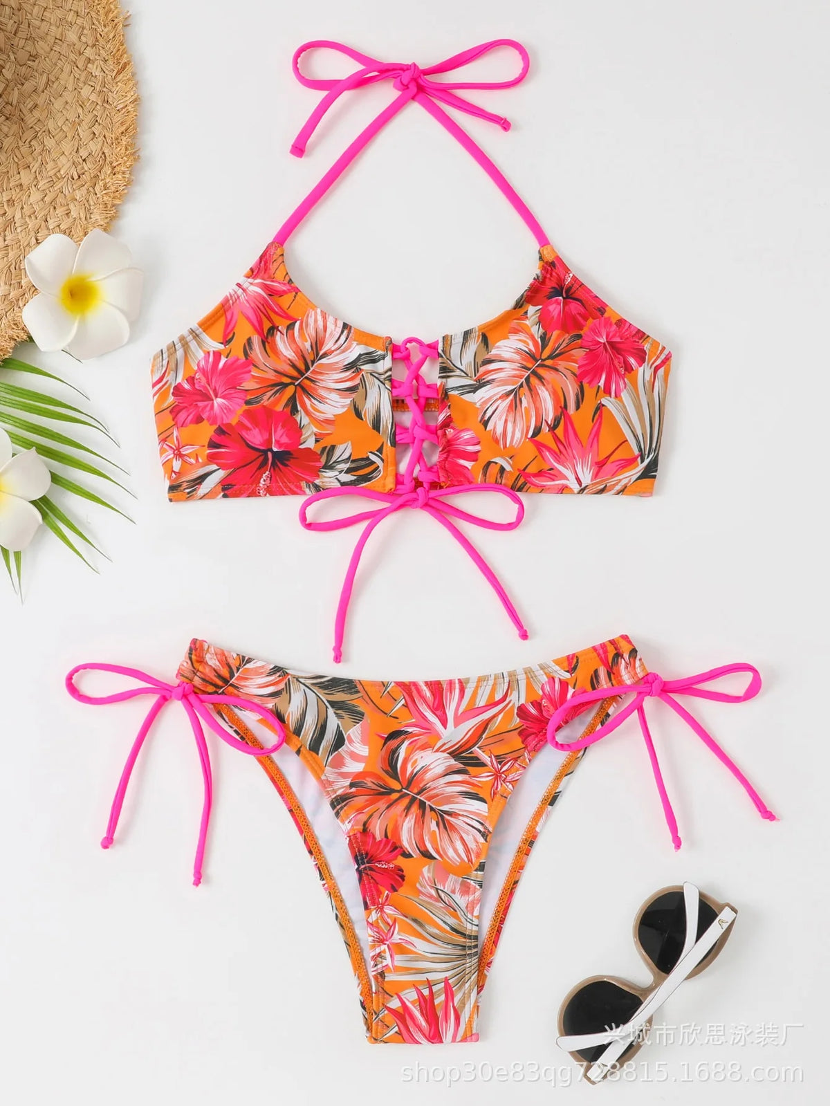 New Cross-Strap Split Beach Sets Women's European & American Sexy Print Bikini Set for Foreign Trade Fashion Swimsuits