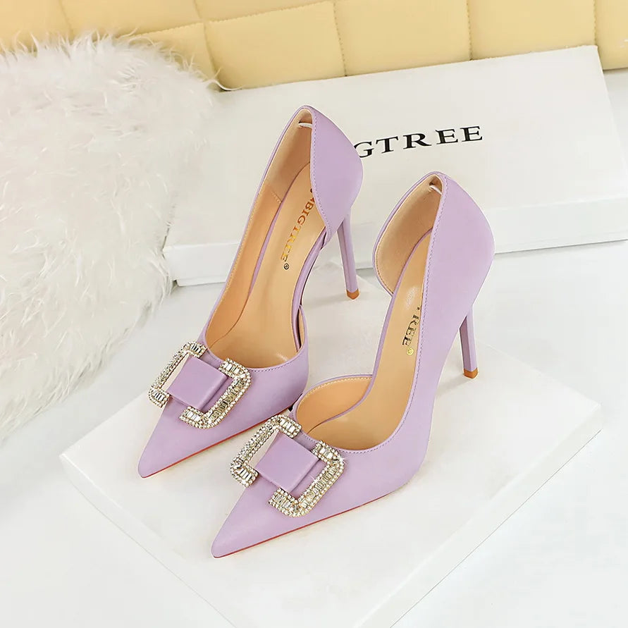 BIGTREE Pumps Elegant Pointed Crystal Buckle Slim High Heel Single Shoes Women Silk Spring/Summer High Heel Pumps Wedding Dress