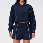 Summer Sun Protection Yoga Suit Women Contrasting Colors Long Sleeve Hoodies Top High Waist Shorts Running Fitness Athletic Wear
