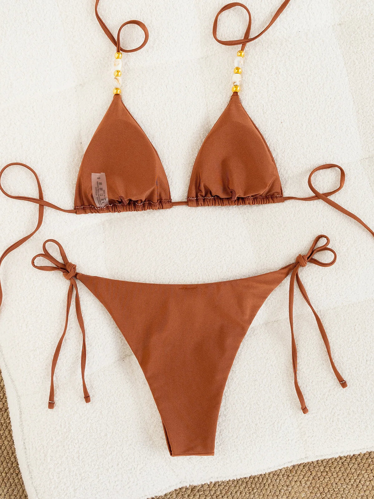 Sexy Coffee Bikini Set Women Pearls Strap Push Up Bandage Thong Swimsuit 2025 Brazilian Summer Bathing Suit Micro Swimwear