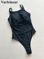 Metal Ring Backless Black Women Swimwear One Piece Swimsuit Female Brazilian High Leg Cut Padded Bather Bathing Suit Swim V7512