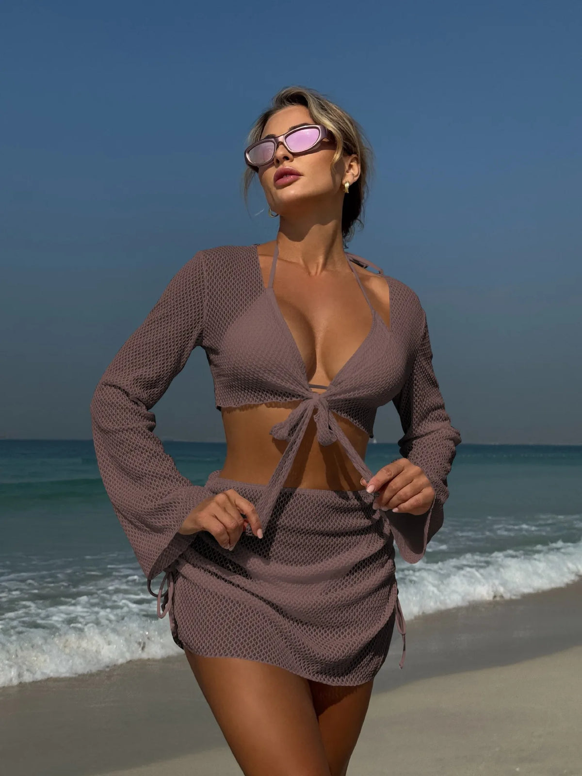Summer 4 Piece Bikini Set 2025 Women Sexy Black Long Sleeve Cover Up and Skirt Swimsuit Beach Bathing Suit Holiday Swimwear