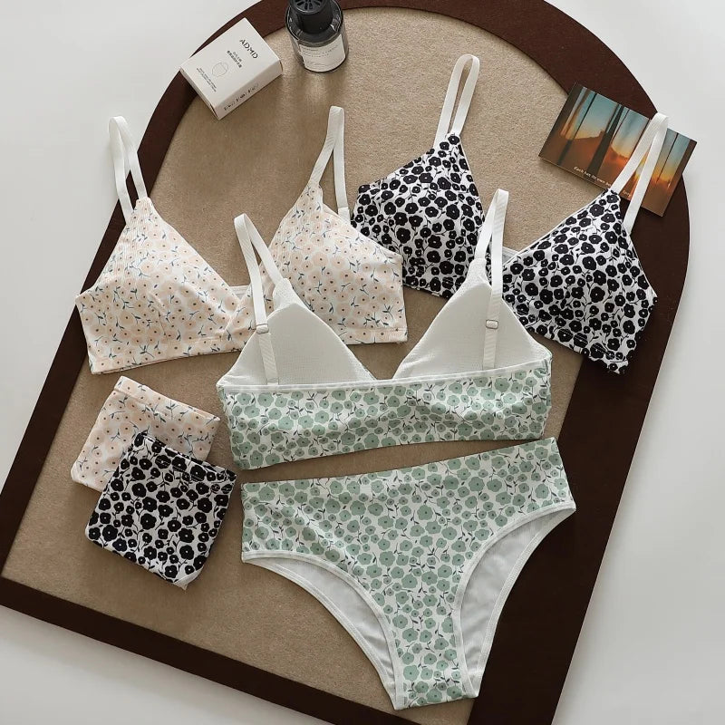 Women Floral Print Seamless Bra And Panties Set Low Waist Briefs Sexy Lingerie Set V-neck Sport Brassiere Female Underwear Set
