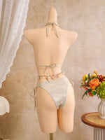 Sexy Beige 3D Flowers Embroidered Bikini Set 2026 Women Drawstring Cover Up 3 Piece Swimsuit Beach Bathing Suit Holiday Swimwear