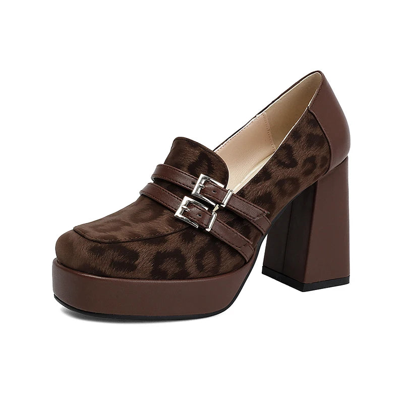 Square Toe Platform Double-Layer Buckle Shallow Sleeve Office Pumps Ultra-High Thick Heel Breathable High Heels