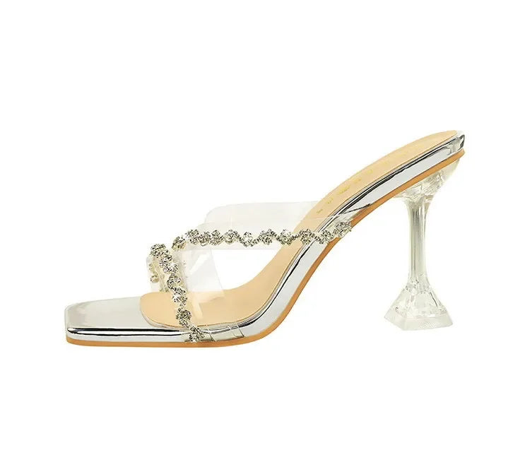 Transparent High Heels Women's Summer New Fashion Thin Heel Sandals Outdoor Wear Rhinestone Slippers Modern Minimalist Style