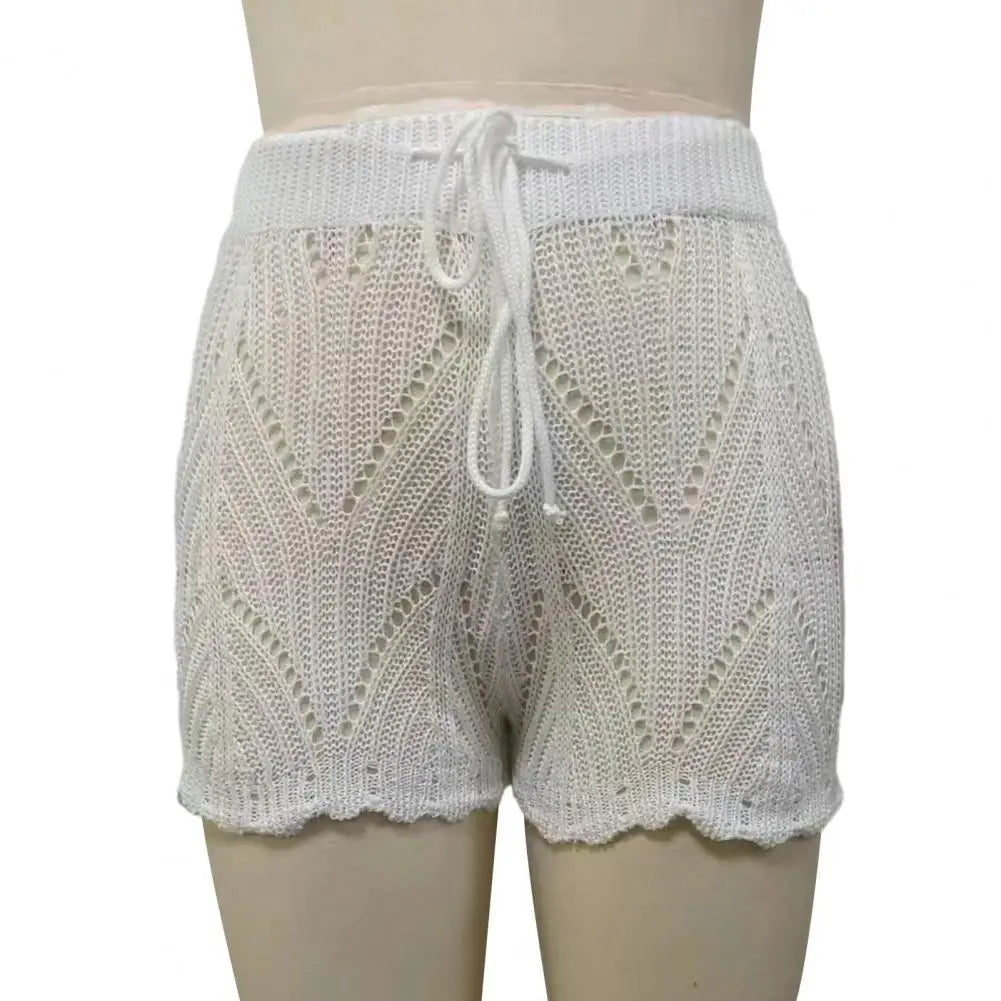Women Beach Shorts Hollow Out Knitted Lace Drawstring Elastic Waist Soft Breathable Loose High Waist Summer Bikini Shorts