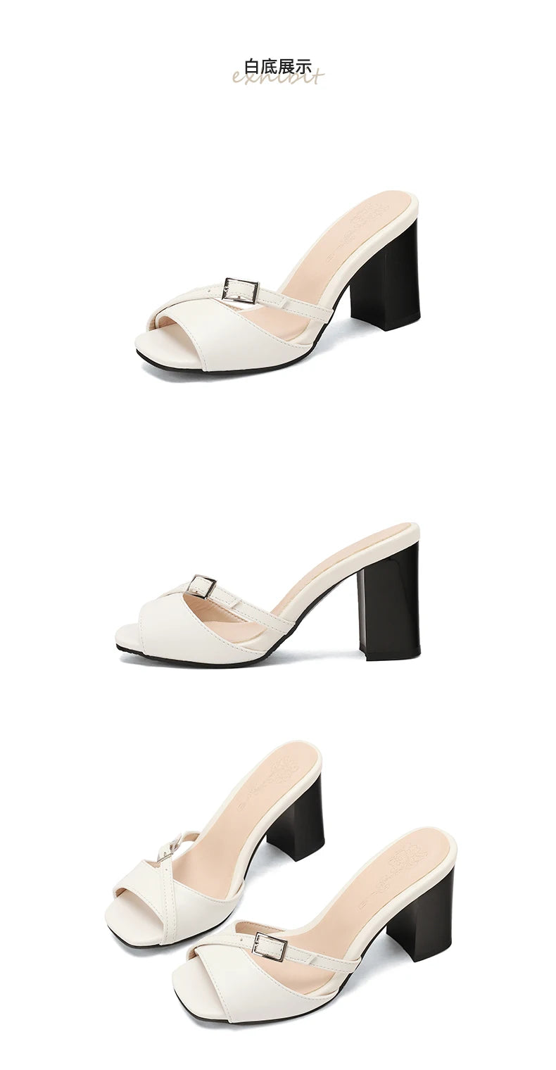Summer New Fashion Open Toe Solid Color Simple Leather Surface Versatile Color Large Slippers Square Heel Shoes Women