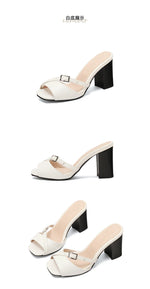Summer New Fashion Open Toe Solid Color Simple Leather Surface Versatile Color Large Slippers Square Heel Shoes Women