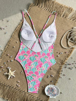Sexy Pink Floral Print Swimwear Women 2026 Deep V Neck Slim Tummy Control One Piece Swimsuit Beach Hoiday Bathing Suit Monokini