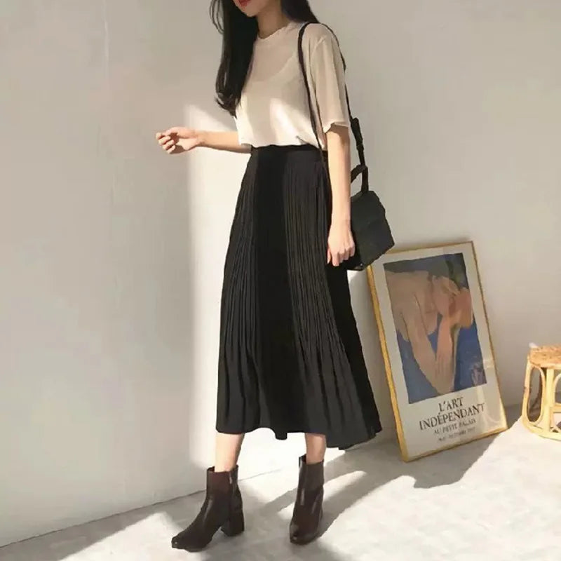 High Waist Elastic Pleated Skirt for Women Spring Summer Chiffon Skirts Vintage Patchwork White Black Long A-Line Skirt