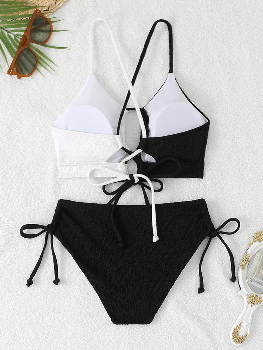 2026 Drawstring Triangle Bikini Women Sexy Color Block Swimwear Female Strappy Swimsuit Bathers Bathing Swimming Swim Suit
