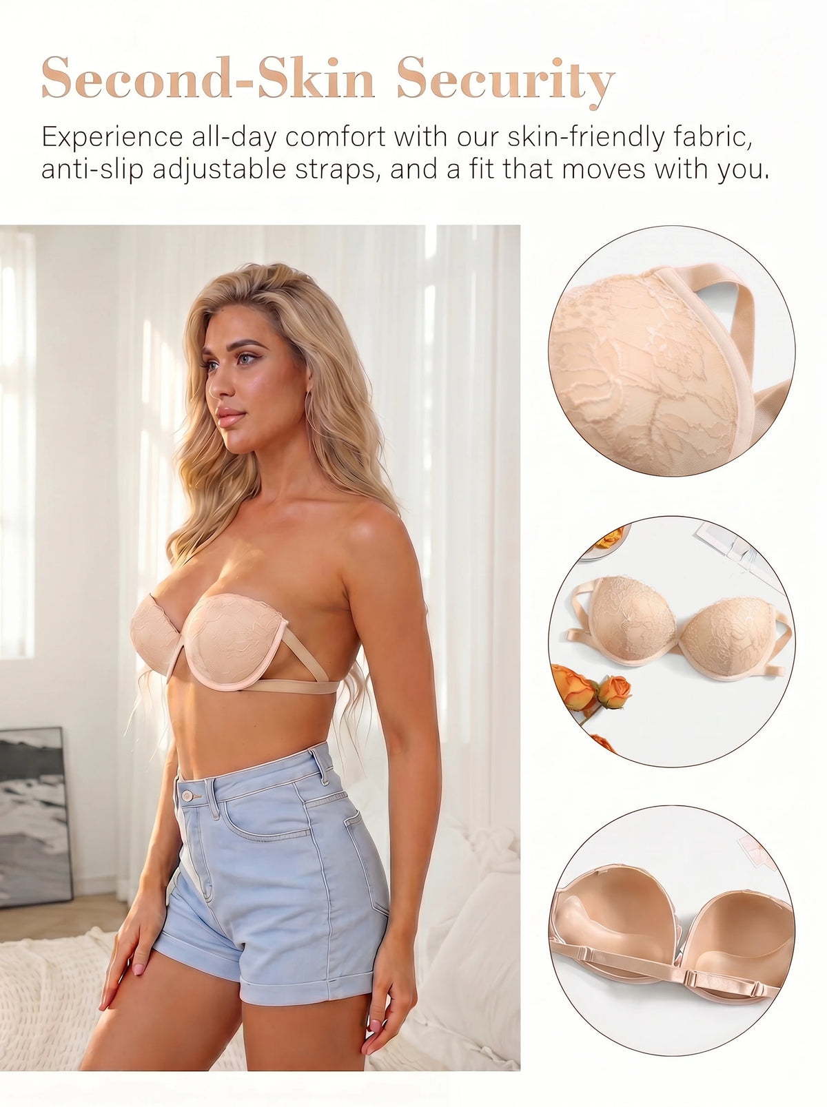 Strapless Push Up Bra Women Skin-Friendly Anti-Slip Adjustable Straps Lace Bralette Invisible Underwear for Daily Wear A3215