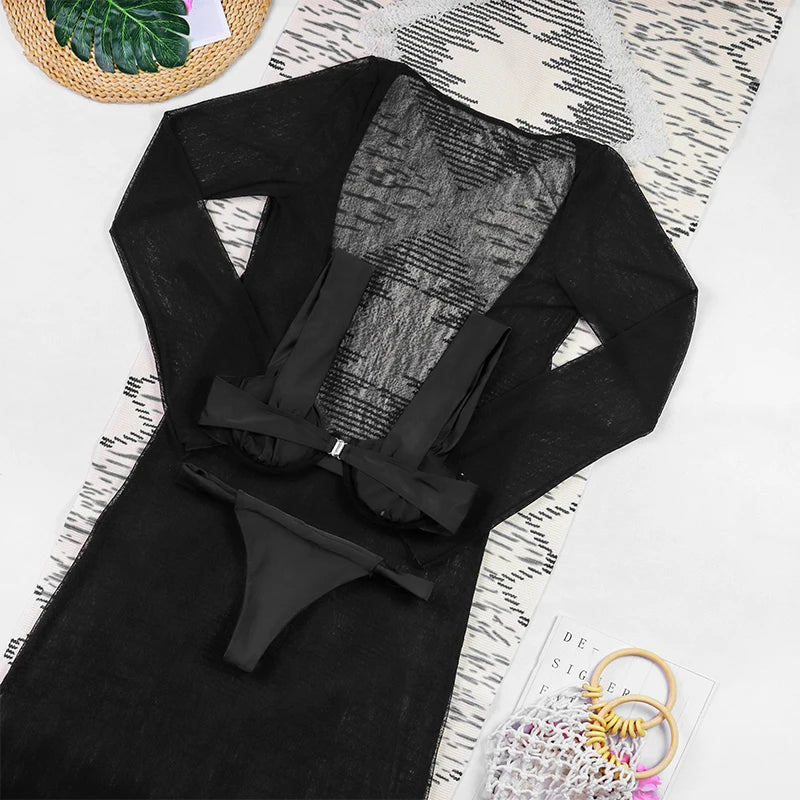 3 Pieces Women's Sexy Bikini Set 2025 New Swimwear Long Dress Cover up Female Beachwear Bathing Suit Summer Swimming Outfit