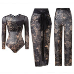 S - XXL 3PCS New Printed Long Sleeve With Pants Sarong Women Swimwear One Piece Swimsuit Female Bather Bathing Suit Swim V7180
