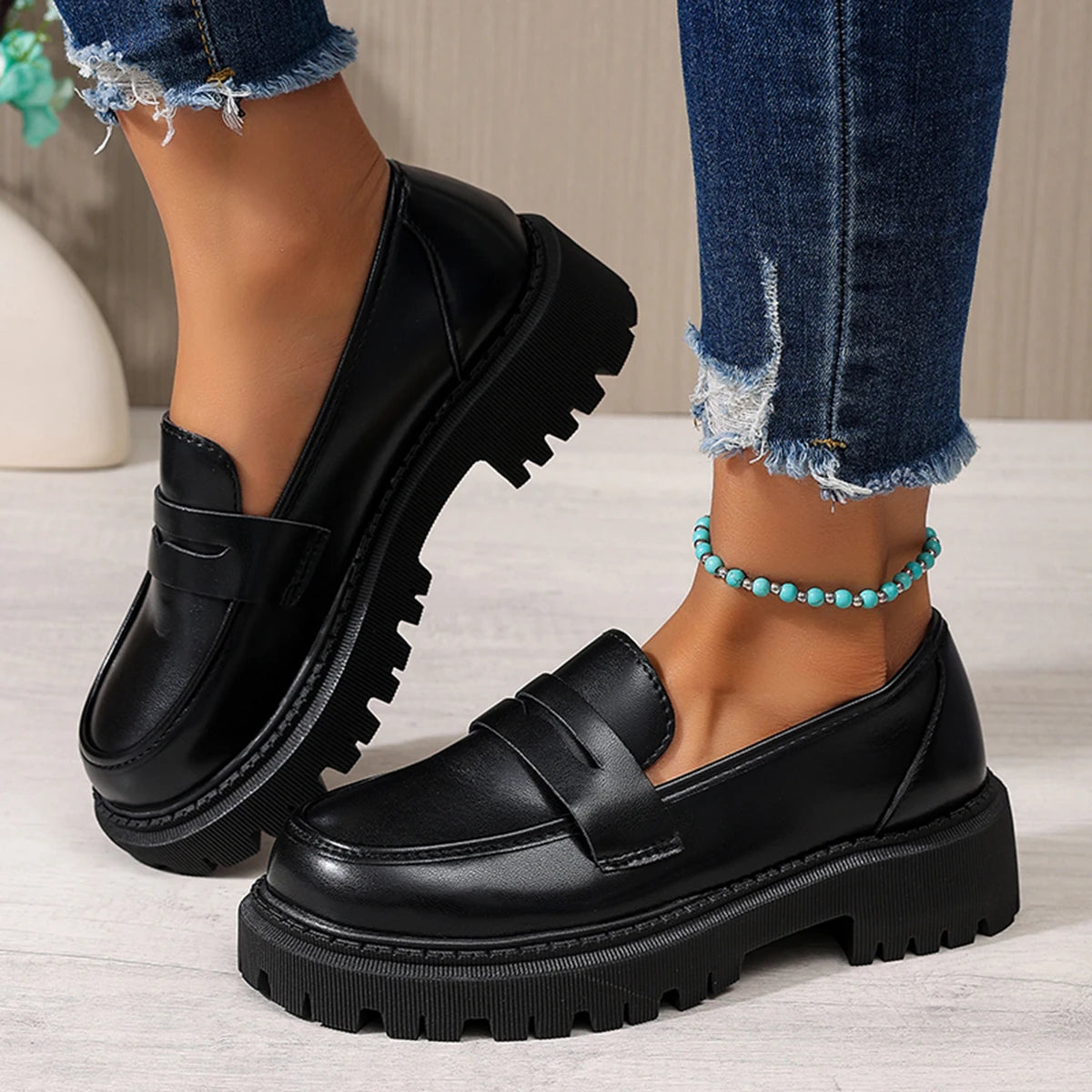 Women Penny Platform Loafer Shoes Slip On Chunky Lug Sole Round Toe Vintage Preppy Office Casual Dress Shoes