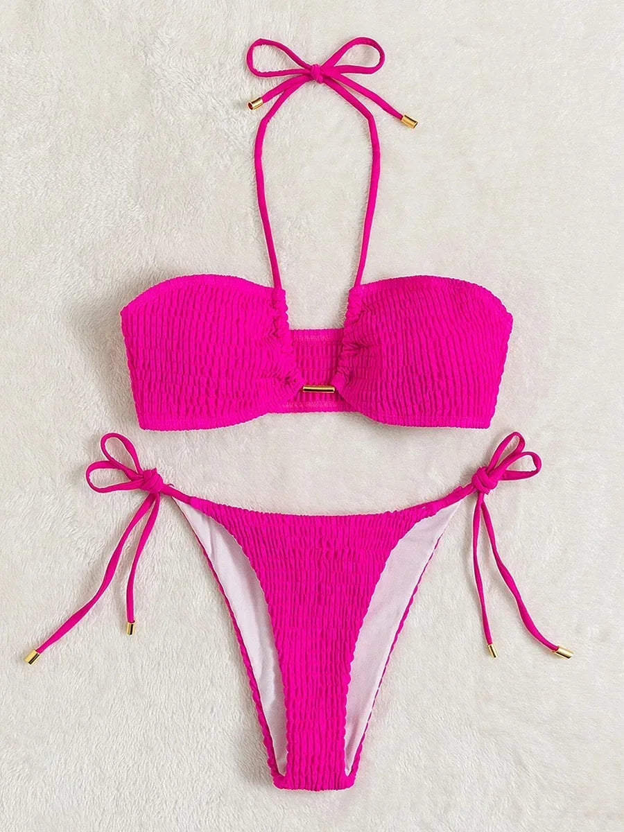 Halter Tie Side Pleated Smocked Bikini Women Bandeau Swimsuit Female Swimwear Two Pieces Bikini Set Bathing Suit Swim Beach Wear