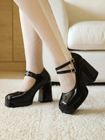 Women Silver Metallic Platform Mary Jane Shoes Double Rhinestone Buckle Chunky Block High Heels Y2K Vintage Square Toe Pumps