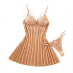 Champagne Daisy Floral Lace Sheer Mesh Babydoll Lingerie Set Slip Nightdress With Matching Thong Women Sexy Sleepwear ZA825096