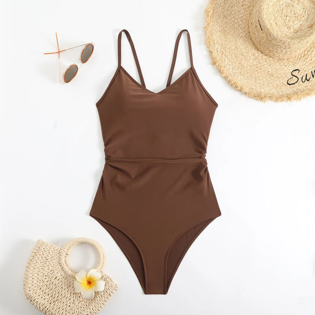 2025 New Brown Bodysuit One Piece Swimsuit Women Thong Swimwear Sexy Backless Bathing Suit Woman Monokini Beach Wear Black White