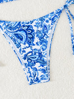 Blue Floral Print 2 Piece Micro Bikini Set for Women 2025 New Push Up Bra Thong Swimsuit Beach Bathing Suit Holiday Swimwear