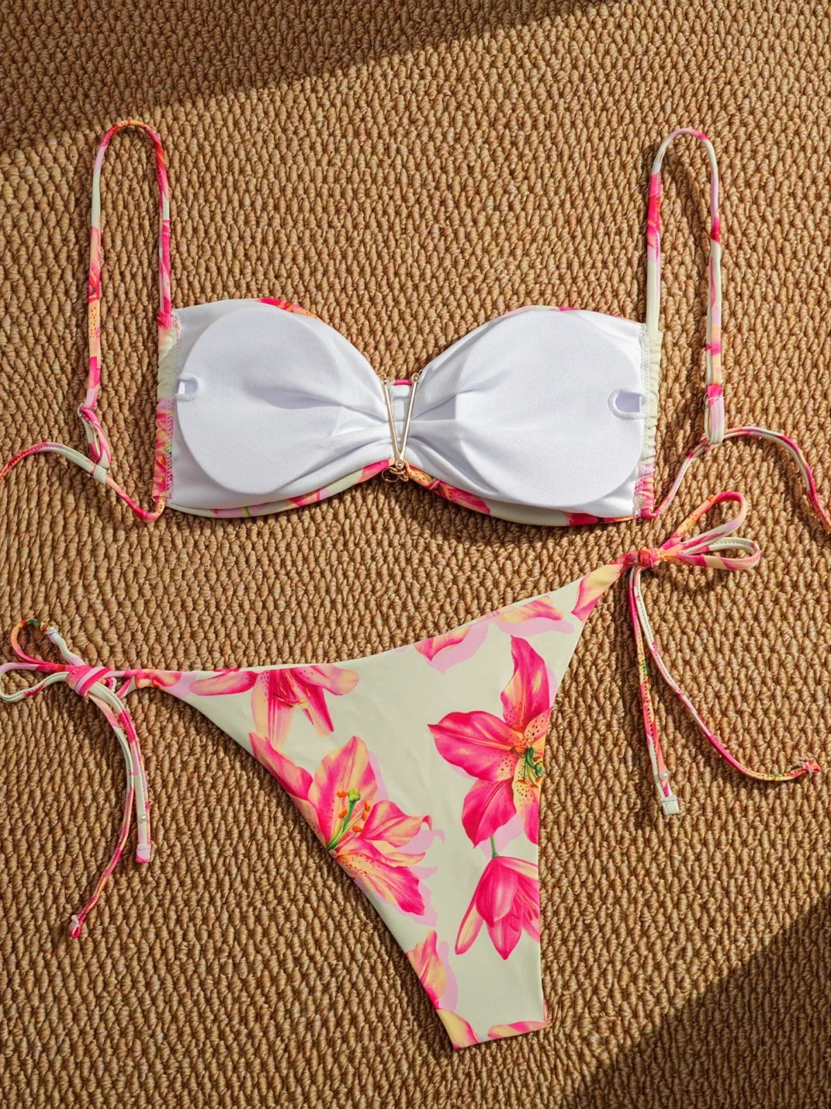 Sexy Pink Floral Print Micro Bikini 2025 Women Metal Starfish Ornament Pleate Push Up Thong Swimsuit Bathing Suit Pool Swimwear