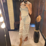 S - XL New Fringe Tassel Hollow Out Crochet Knitted Tunic Beach Dress Beach Wear Beachwear Beach Cover Up Cover-upsFemale V5605