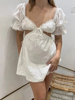 Foridol Lace Summer White Dress Women Puff Sleeve Embriodery Waist Cut Out Beach Short Sexy Cotton Dress Backless 2025 Sundress