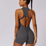 Solid Scrunch Back Waist Tight Yoga Jumpsuit Short Set Women Zipper Playsuit Gym Sportswear Fitness One Piece Sport Suit Workout