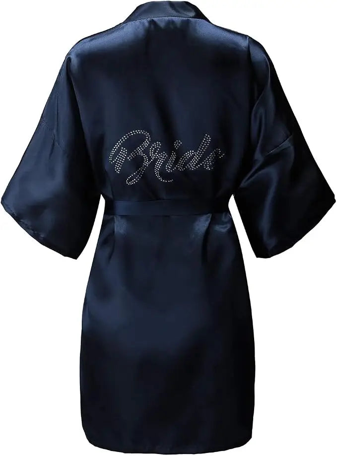 Women's Satin Kimono Robes with Rhinestones Bride Bridesmaid Short Getting Ready Wedding Dressing Gown