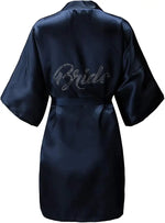 Women's Satin Kimono Robes with Rhinestones Bride Bridesmaid Short Getting Ready Wedding Dressing Gown