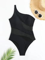 Sexy One Shoulder Swimwear Women 2026 Vintage Mesh Patchwork Transparent Tummy Control One Piece Swimsuit Beach Bathing Suits