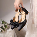 2026 New Pointed Toe Pearl French Heels Block Heel Bow Single Shoes Red Wedding Shoes