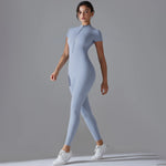 Naked zipper short sleeved yoga suit jumpsuit, quick drying breathable outdoor sports tight fitting jumpsuit, fitness suit