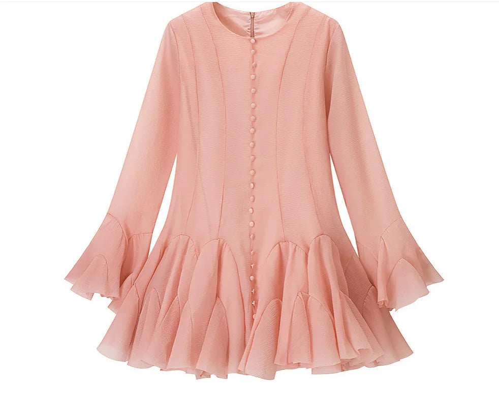Women's Fashion Ruffled Hem Patchwork Short Dress Blush Pink Ruffled Mini Dress For Women Sleeves Front Button Hem Fashion T0PU