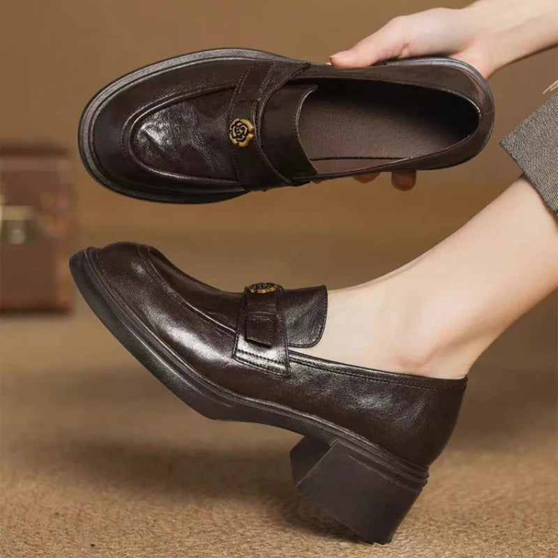Retro Leather Thick Bottom Slip-On Loafers Women's Shoes round Toe Flat Heel Summer Pure Color Rubber Sole Comfortable Footwear