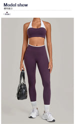 2 Pieces Color-block Yoga Sets WomenHanging Neck Sports Bra High Waist Pants Built-in Pockets Outdoor Fitness Workout Suit
