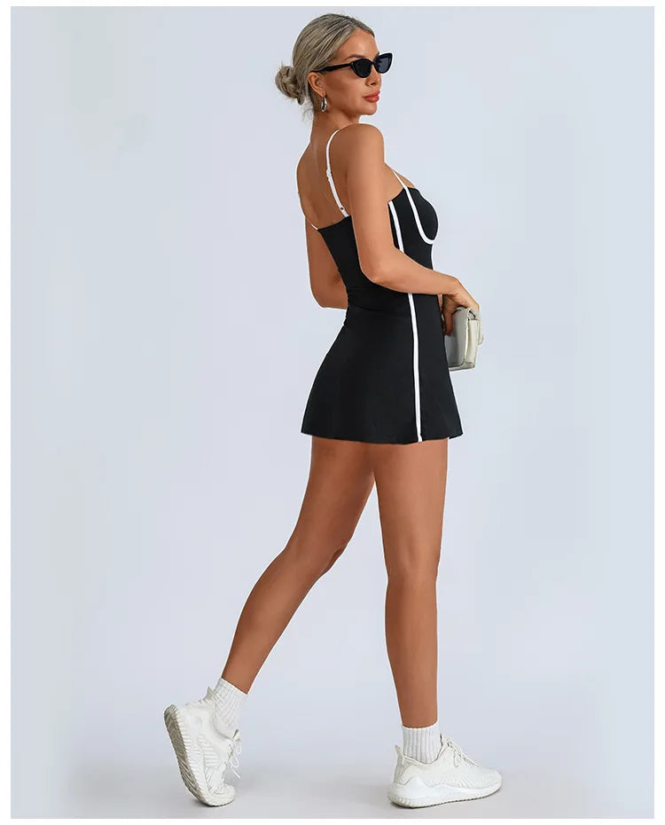 Women's Tennis Dress Summer Sleeveless Pink Contrast Workout Yoga Dresses Build in Shorts Fashion Tight Fitting Skirts Suit