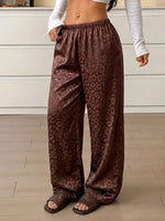2026 Women Brown Satin Leopard Print Pajamas Pants Elastic Waist Loose Trousers Vintage Casual Pants Leisure Home Clothing