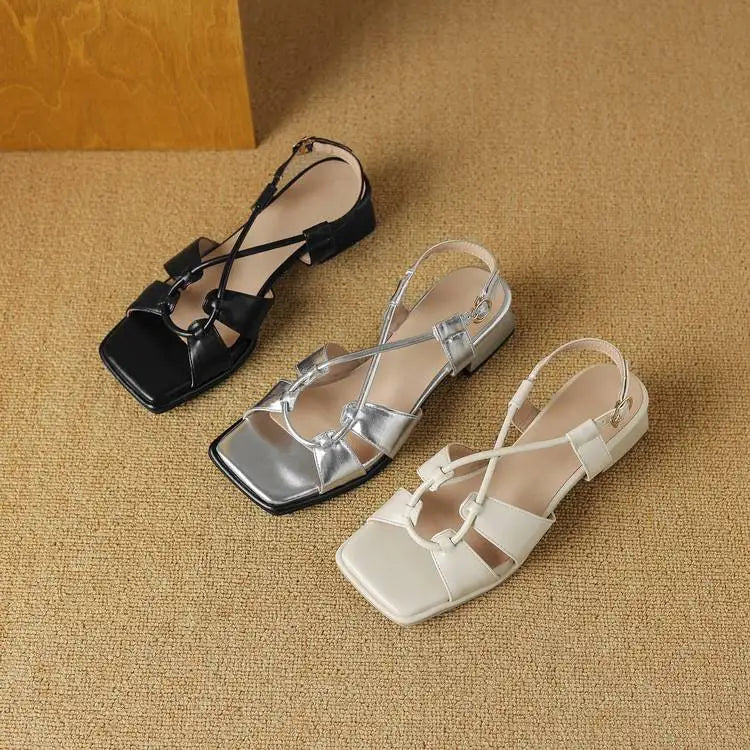 Summer New Model Fashion Middle Heeled Women's Sandals Black Buckle Open-toe Comfortable Hollow-out Women's Shoes High 3.5cm