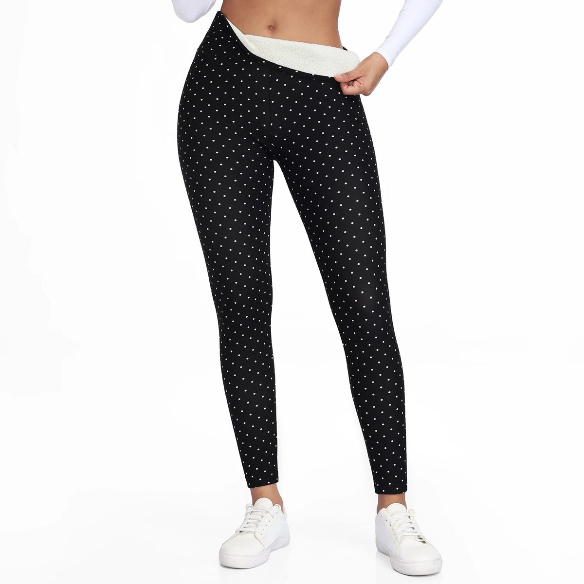  Women Velvet Pack Black White Small Polka Dot High Waist Leggings 4 Way Stretch Soft Breathable Slim Warm Pants For Yoga Sport