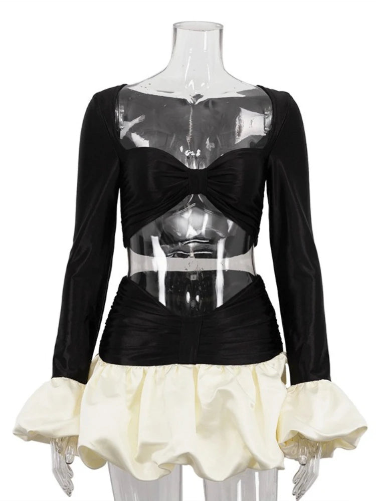 FDYOUI Sexy Flare Sleeve Super-short Zipper Tops+Pleated Skirts 2 Piece Set Women Patchwork Black Ball Gown Evening Party Dress