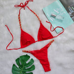 DEKA Brazilian Chain Bikini Set Women's Swimsuit Stylish Solid Thong Swimwear Diamond Separate Beachwear Bathing Suit