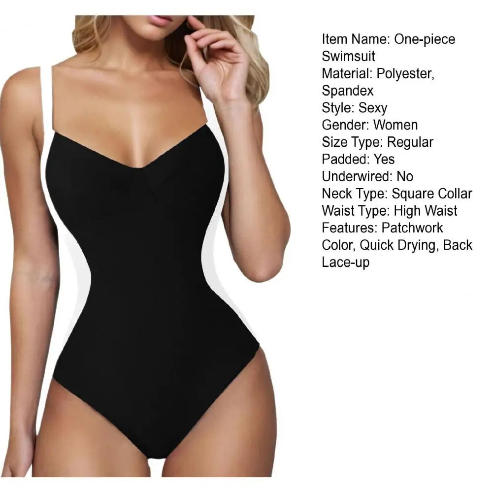 Women One-Piece Swimsuit Padded Gather Bra Lace-up Exposed Back Monokini Patchwork Color Belly-tightening Swimsuit