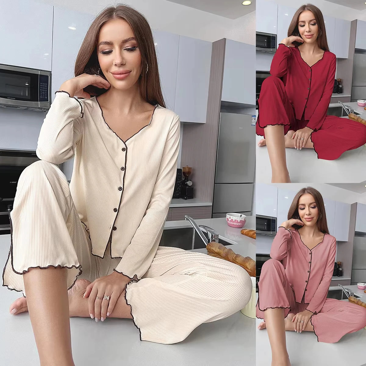 Autumn Winter Women Solid Color Pajama Set Casual Loungewear Long SleeveLeg Pants 2 Piece Outfit Comfortable Homewear New Hot